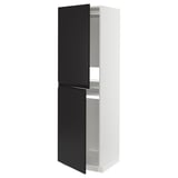 Black & white METOD cabinet, tall, sleek, modern, with matte black doors, metallic shelves, adjustable.