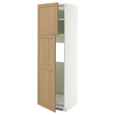 METOD kitchen cabinet, white and oak, tall, double doors, adjustable shelves.