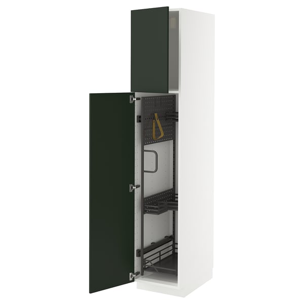 A white METOD tall cabinet with green doors and internal organizers. It has a modern, sleek design with a 25-year guarantee.