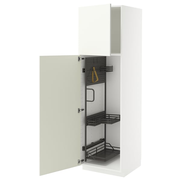White METOD kitchen cabinet with pull-out organizers and perforated panels.