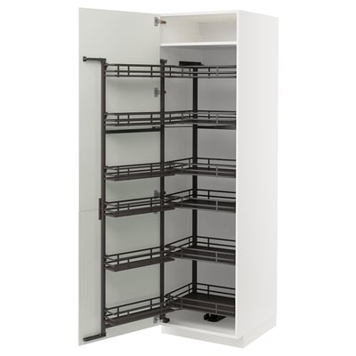 White kitchen cabinet with black pull-out shelves. Modern design, five tiers, sleek lines.