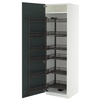 A white METOD kitchen cabinet with a high-gloss grey-green kallarp door, featuring pull-out shelves made of metal.