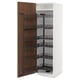 Open white kitchen cabinet with dark wood door and multiple black pull-out shelves.