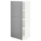 A grey METOD kitchen cabinet with one door open, revealing adjustable shelves.