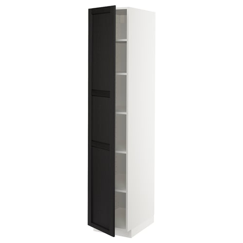 A white METOD kitchen cabinet with dark wooden doors and shelves. The cabinet is tall and narrow, featuring a modern design with a 25-year guarantee.