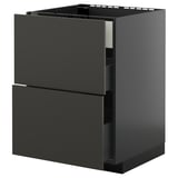 An IKEA METOD kitchen cabinet in matt black with two drawers. Its rectangular and made of particleboard with a glossy finish.