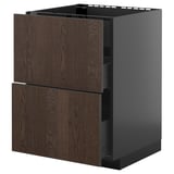 Dark brown wooden drawer unit, black frame, modern kitchen furniture.