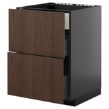 Dark brown wooden kitchen cabinet with two drawers and one open shelf.