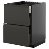 Black modern kitchen cabinet with two drawers and sleek, handle-less design.