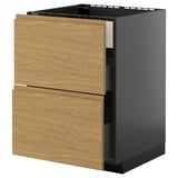 A modern kitchen cabinet named METOD, featuring light wood-grain drawers with sleek, integrated handles, set into a dark gray base.