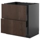 Modern kitchen cabinet in dark brown with two drawers and wooden edging.