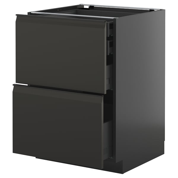 Black METOD kitchen cabinet, sleek modern design with two open drawers, glossy finish.