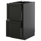Black stained wooden kitchen cabinet with two drawers and a large door.