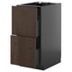 Dark brown kitchen cabinet, grey base, wooden handles.