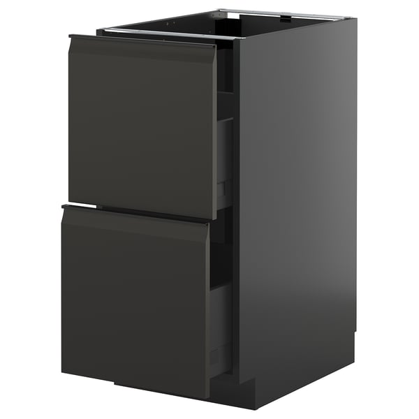 Black modern kitchen cabinet with two drawers, sleek design, glossy finish.