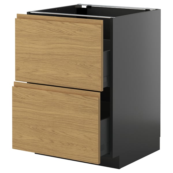 An ikea METOD kitchen cabinet with two wooden drawers in an oak finish and black sides. Its rectangular and modern in design.