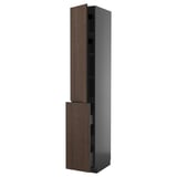 A vertical kitchen cabinet with a dark brown oak veneer door and a grey frame. It has adjustable shelves and a pull-out drawer.