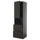 Modern black kitchen cabinet with sleek design, including doors and drawers.