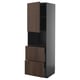 Dark brown kitchen cabinet with wooden drawers. Tall, rectangular shape with two drawers and an open shelf.