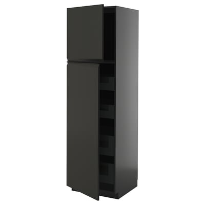 Modern black kitchen cabinet with shelves, minimalist handles.