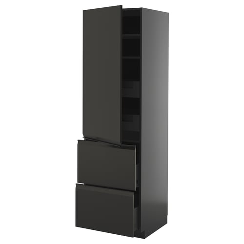 Black modern kitchen cabinet, tall with drawers, sleek matte finish, integrated handles, adjustable shelves.