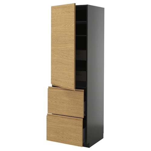 A tall kitchen cabinet, named METOD, with light wooden doors and dark grey sides. It three drawers and one open shelf section.