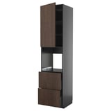 A modern, tall kitchen cabinet in dark gray with dark brown wooden accents. It shelves and drawers with sleek handles.