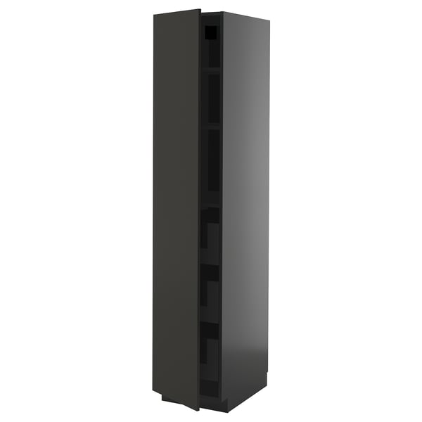 Dark grey, tall, narrow kitchen cabinet with a sleek modern look and hidden storage.
