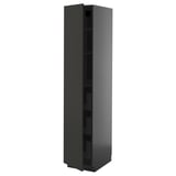 Dark grey, tall, narrow kitchen cabinet with a sleek modern look and hidden storage.