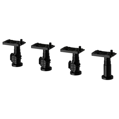Four black adjustable METOD cabinet legs shown from different angles.