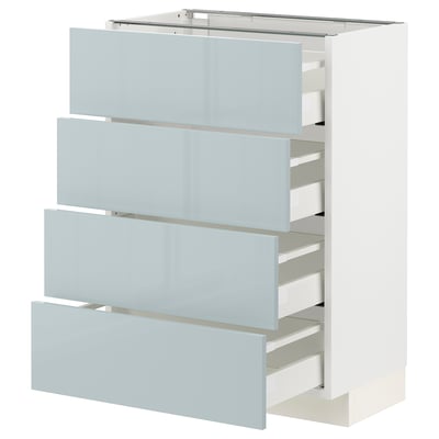 A white METOD kitchen cabinet with four light blue-gray drawers in a glossy finish.