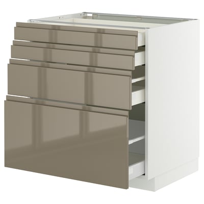 Modern kitchen unit with sleek, dark grey-brown metal drawers, smooth handles, and a white frame.
