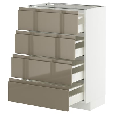 Modern kitchen cabinet, white with 4 shiny dark brown drawers, sleek handles, metallic finish.