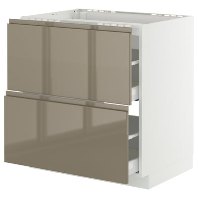 Modern kitchen unit, METOD. White cabinet with 2 dark grey-brown glossy drawers.