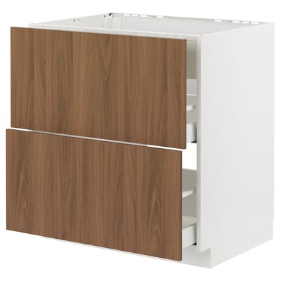 METOD kitchen unit with walnut doors, white frame, two drawers, classic design.