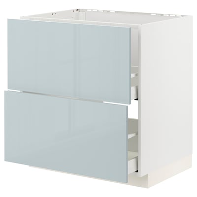 Light blue modern kitchen cabinet with open drawer, sleek design.