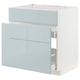 Modern grey-blue glossy kitchen cabinet with three drawers and a shelf.