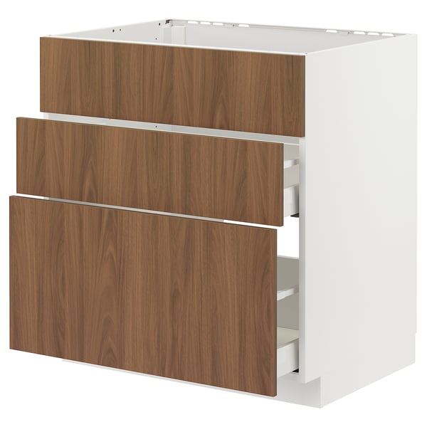 Modern white kitchen cabinet with walnut drawers and smooth fronts. Three large drawers, ample storage space.