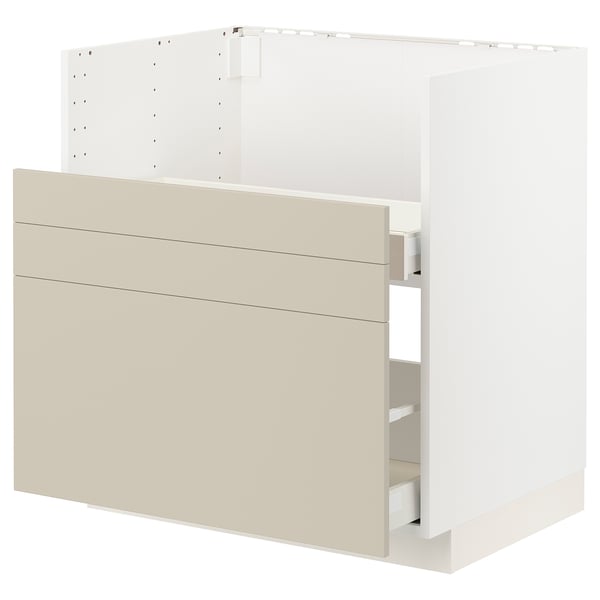 An ikea METOD kitchen cabinet in beige. It is a tall base unit with smooth, minimalist lines and a modern design.