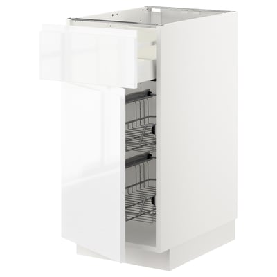 White high gloss kitchen cabinet with wire drawers; modern design, sleek appearance.