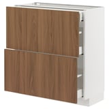 White METOD kitchen cabinet with walnut drawers and doors.