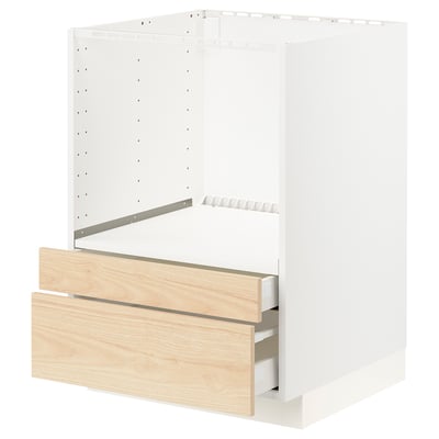 METOD kitchen unit with white frame, light wood drawers, smooth edges, and metal runners.