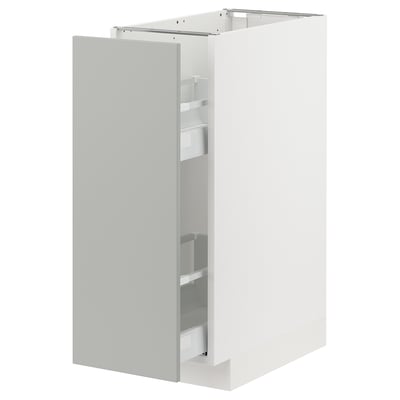 Modern white kitchen cabinet with light grey door, rectangular shape, and sleek design.