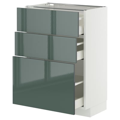 Modern grey-green kitchen cabinet with three drawers, glossy finish, sleek design.