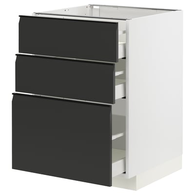 Modern black handle-less kitchen drawers, three tall, white base.