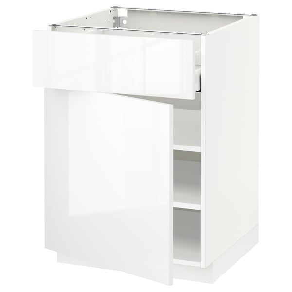 METOD high gloss white kitchen cabinet, modern design with medium drawer, adjustable shelves, sturdy frame.