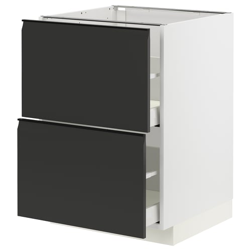An ikea METOD kitchen cabinet in white with two matte black drawers featuring integrated handles and a modern design.