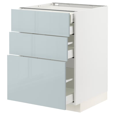 Modern, high-gloss grey-blue ikea kitchen cabinet with three drawers. Sleek, minimalist design.