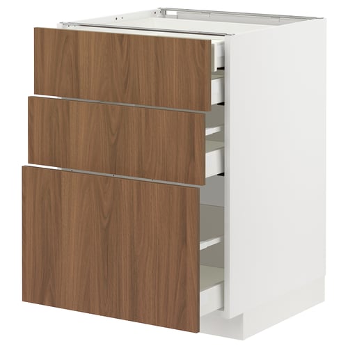 METOD white kitchen unit with wood-effect doors and multiple drawers.