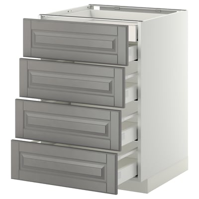 Image shows a white and grey kitchen cabinet with four grey drawers, featuring beveled edges and a modern design.